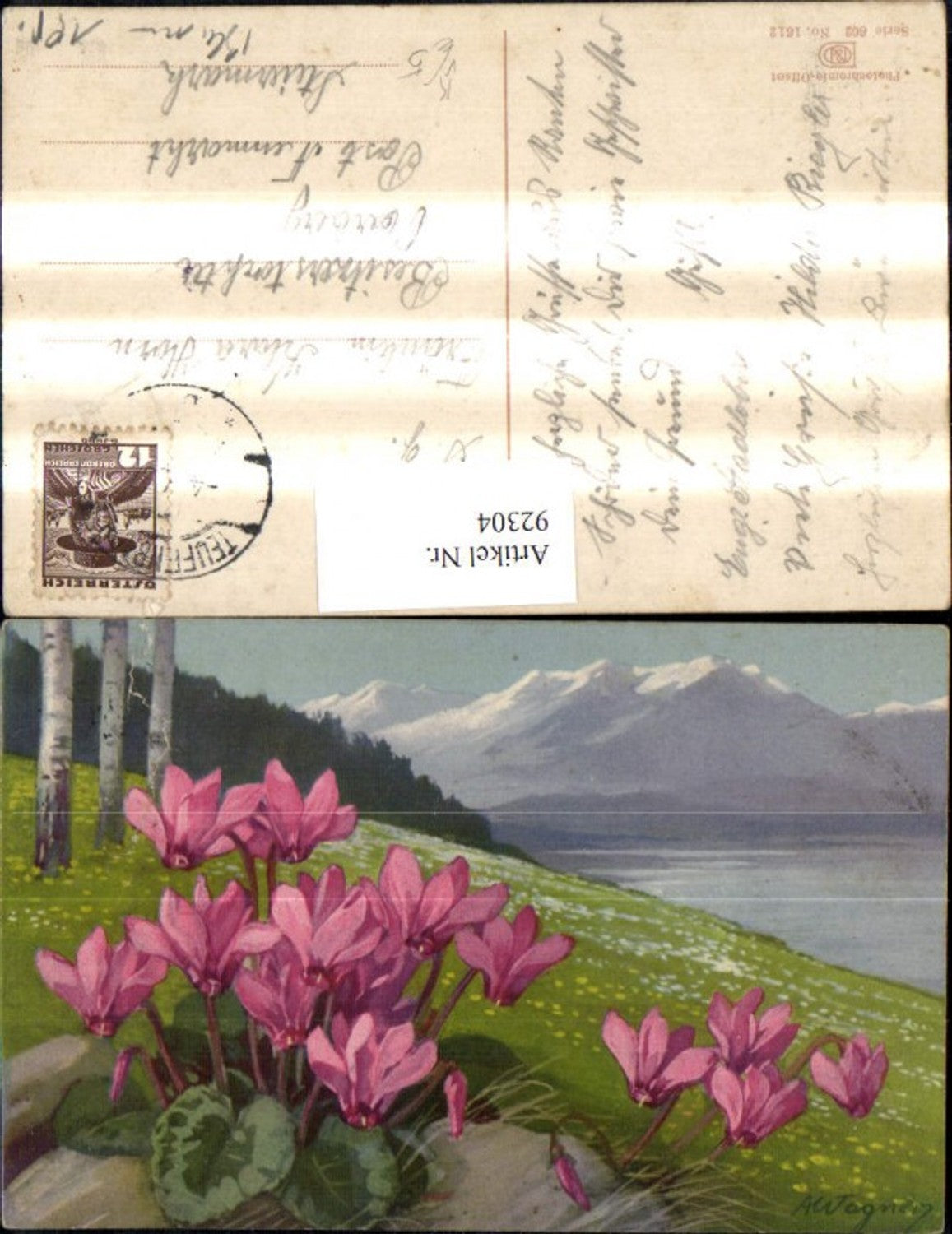 92304,Photochromie Nenke & Ostermaier 602/1612 A. Wagner Alpenveilchen Bergkulisse