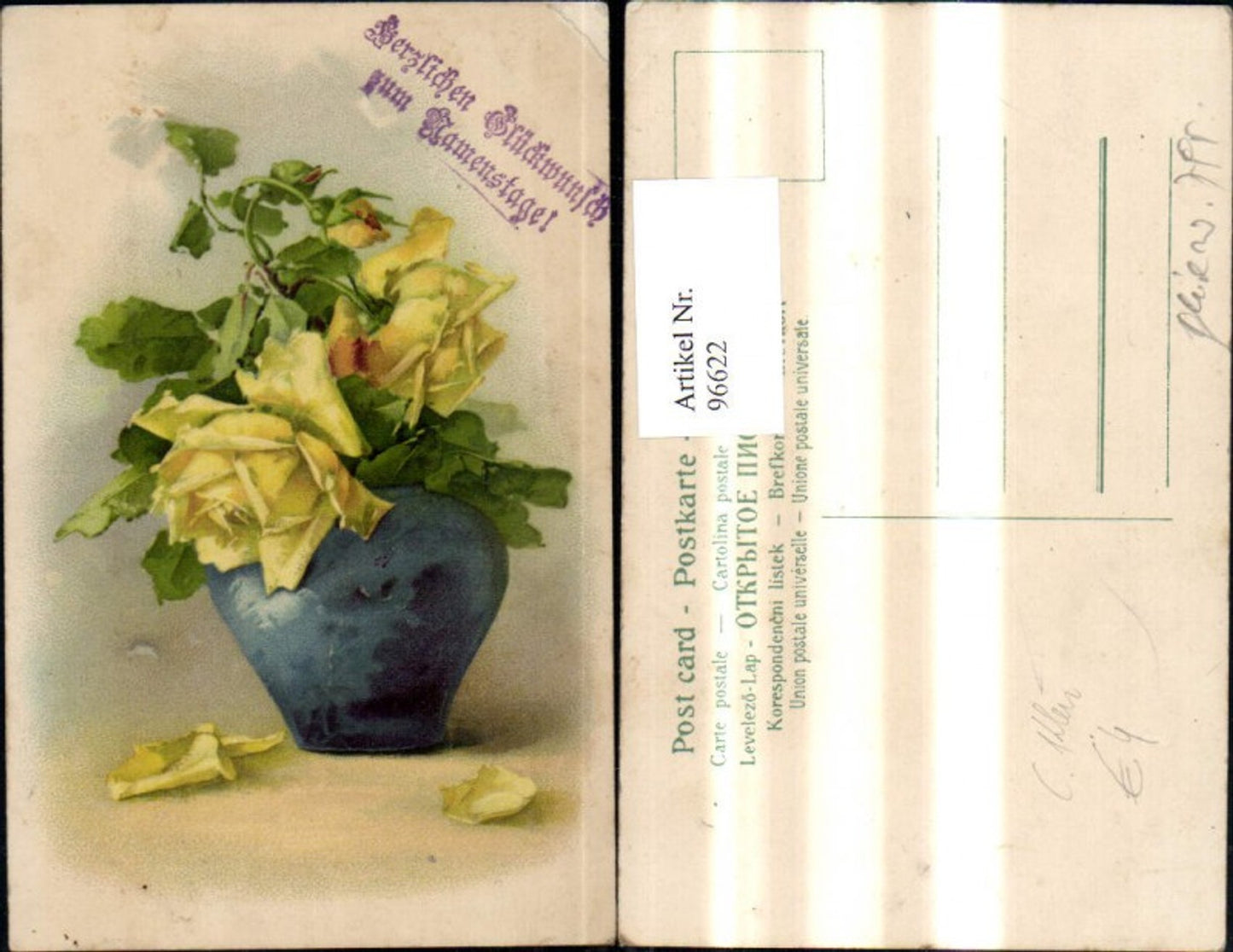 96622,Künstler Ak Catharina Klein Gelbe Rosen Vase Blumen