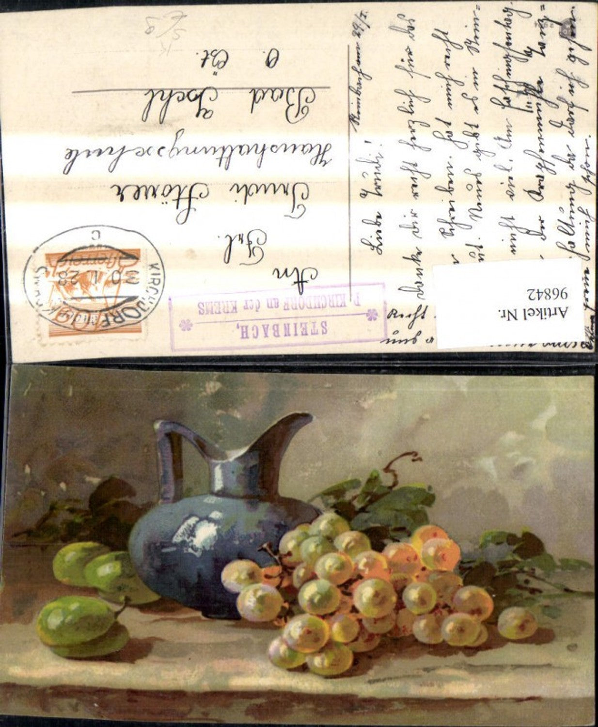 96842,Künstler Ak Catharina Klein Stillleben Krug Weintrauben Postablage Steinbach P. Kirchdorf a. d. Krems