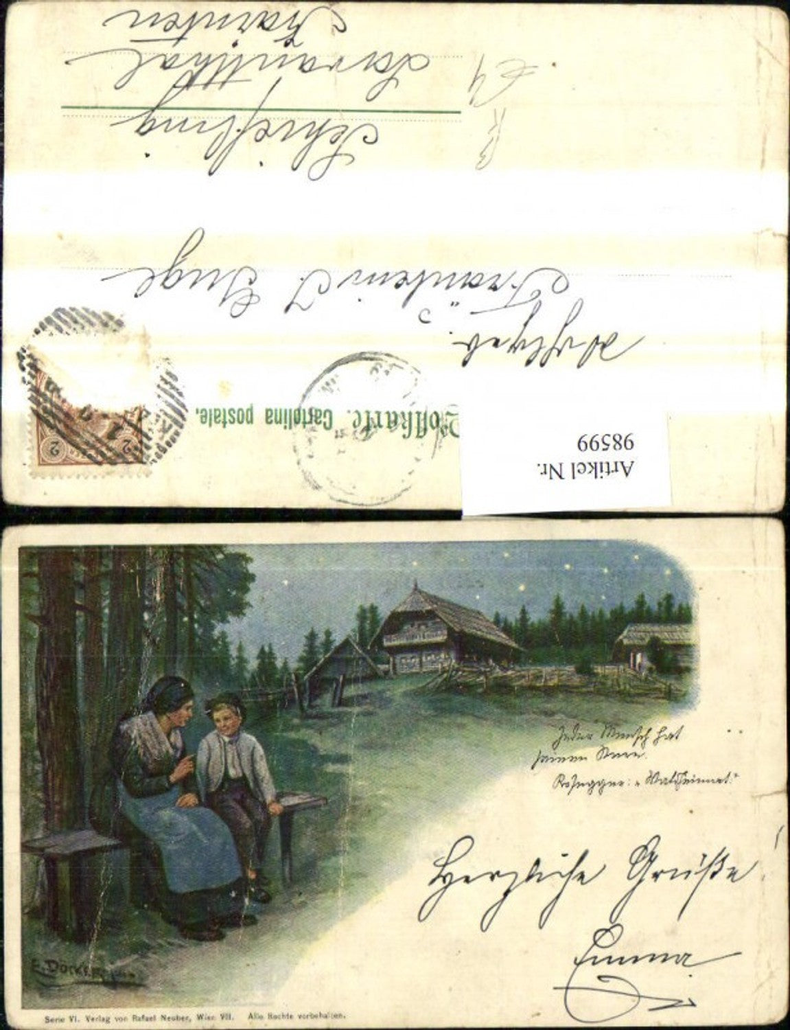 98599,Künstler Ak E. Döcker jun. Frau m. Jungen Bank Haus Hof b. Nacht Rosegger Alpl