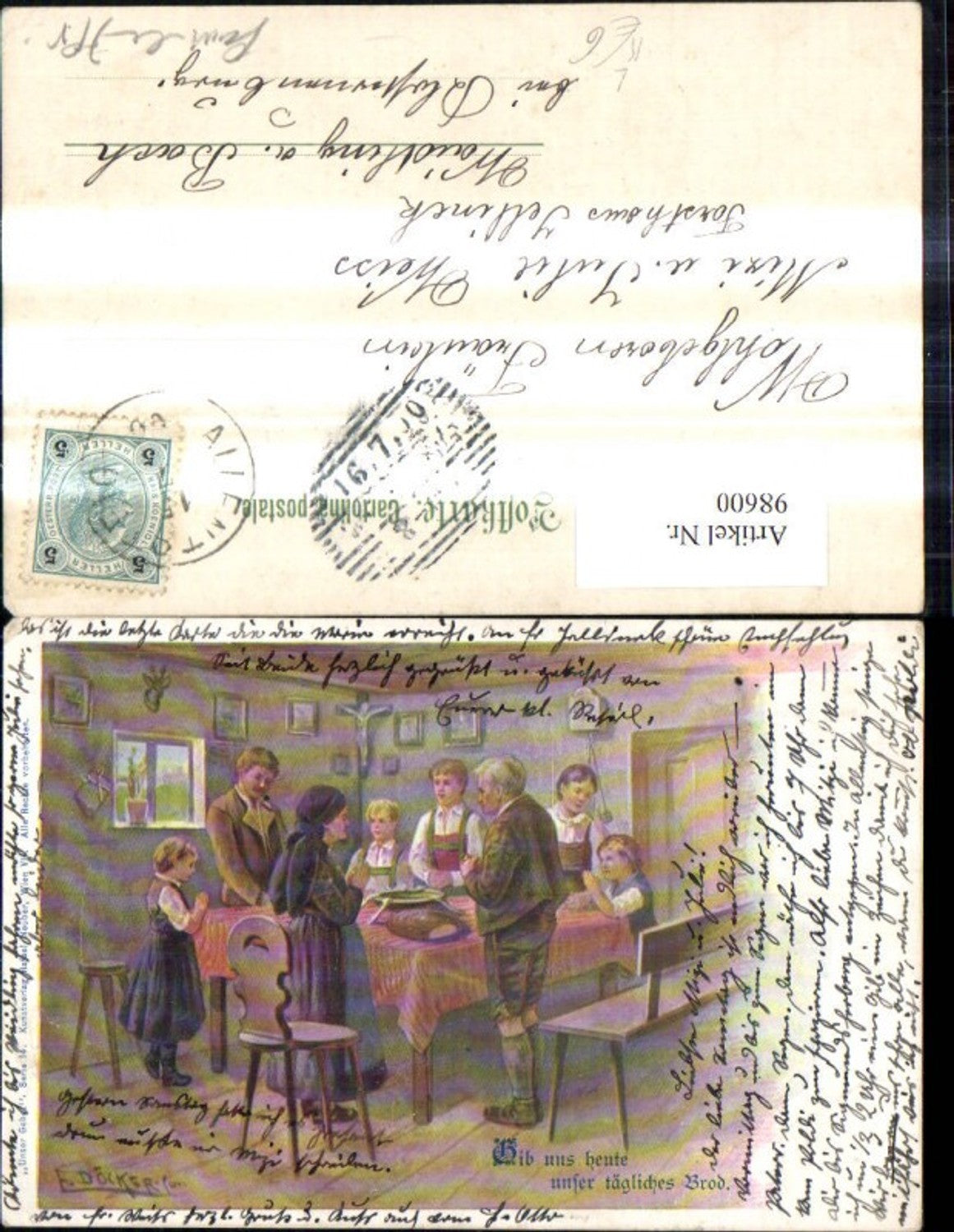 98600,Künstler Litho E. Döcker jun. Familie b. Gebet Mittagstisch Gib uns unser tägliches Brot