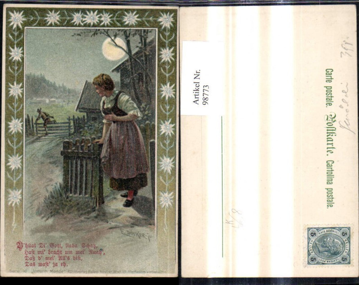 98773,Künstler Litho E. Döcker jun. Frau Mann über Zaun Spruch Text