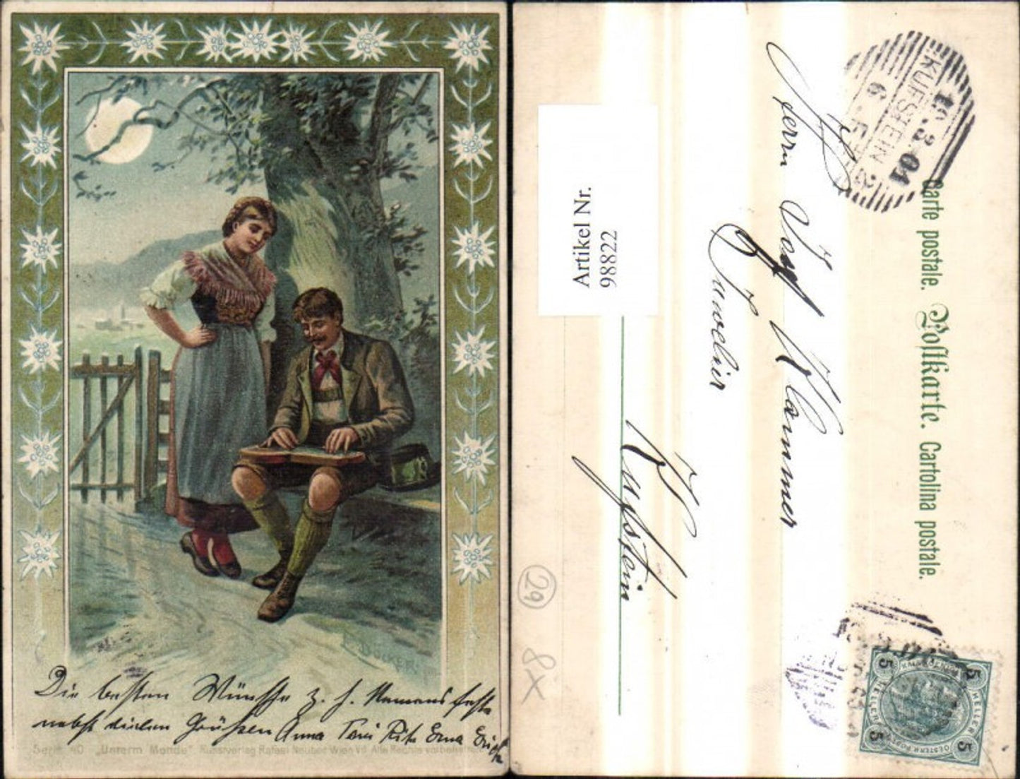 98822, Artist Lithograph E. Döcker Jr. Pair of Zithers Under the Moon