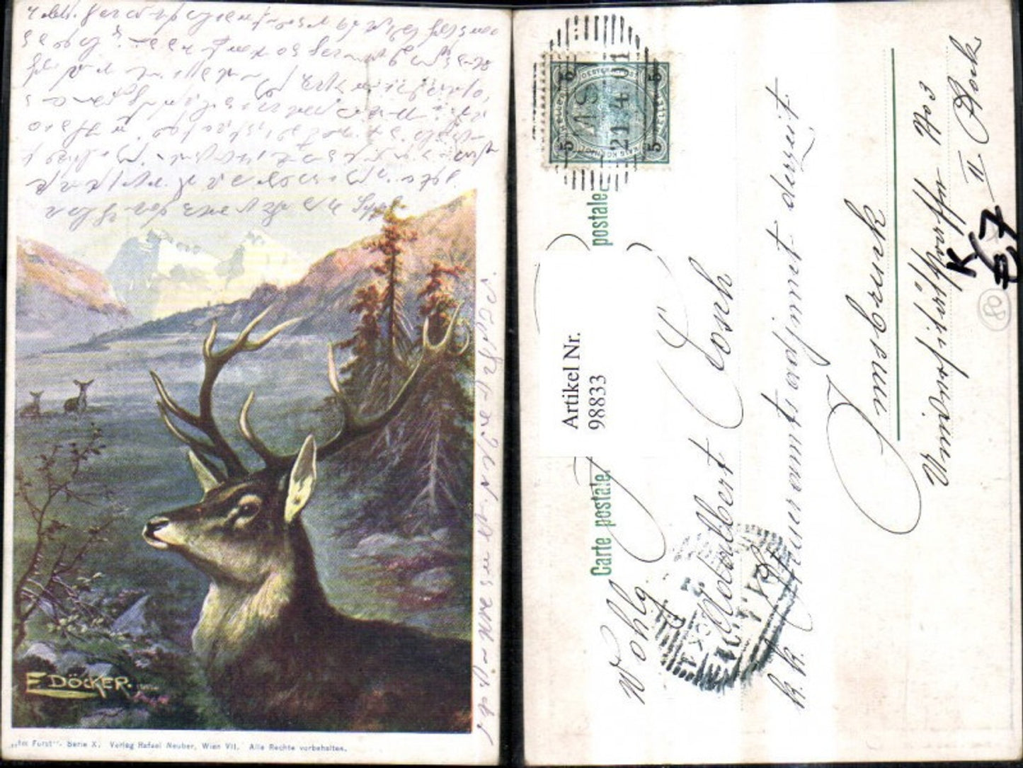 98833,Künstler Ak E. Döcker jun. Hirsch Wild gr. Geweih Bergkulisse