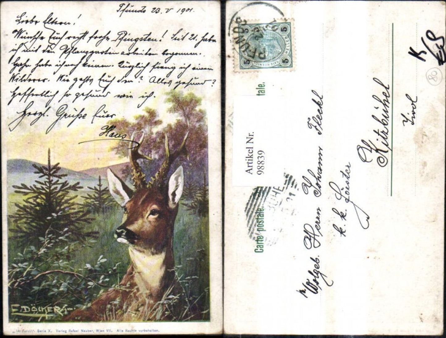 98839,Künstler Ak E. Döcker jun. Hirsch Reh Wild Im Forst