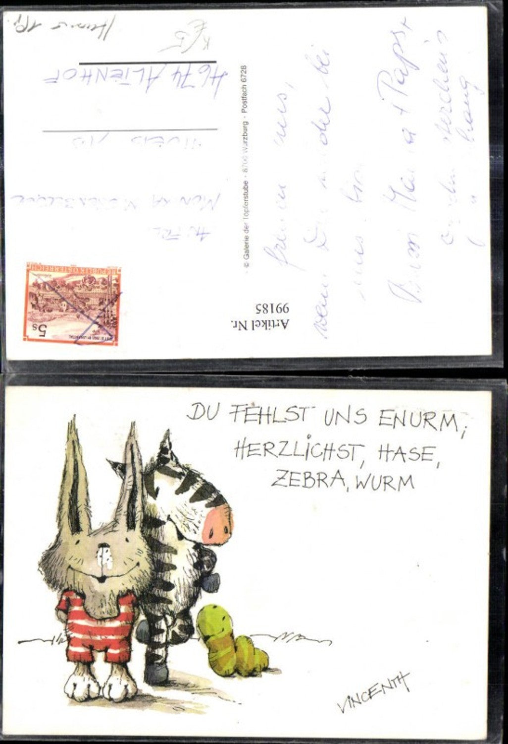 99185,Comic Künstler Ak Vincenth Hase Zebra Wurm Spruch
