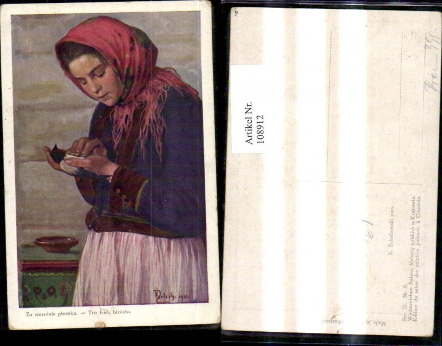 108912,Künstler Ak K. Zelechowski Frau m. Vogel Tro frne birdeto