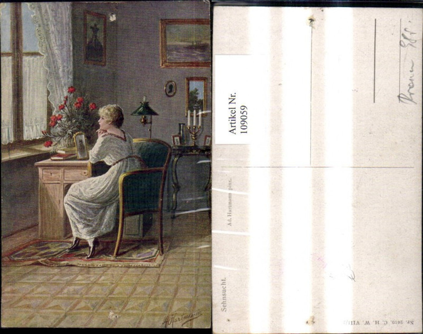 109059,Künstler Ak Ad. Hartmann Sehnsucht Frau Tisch Blick a. Fenster