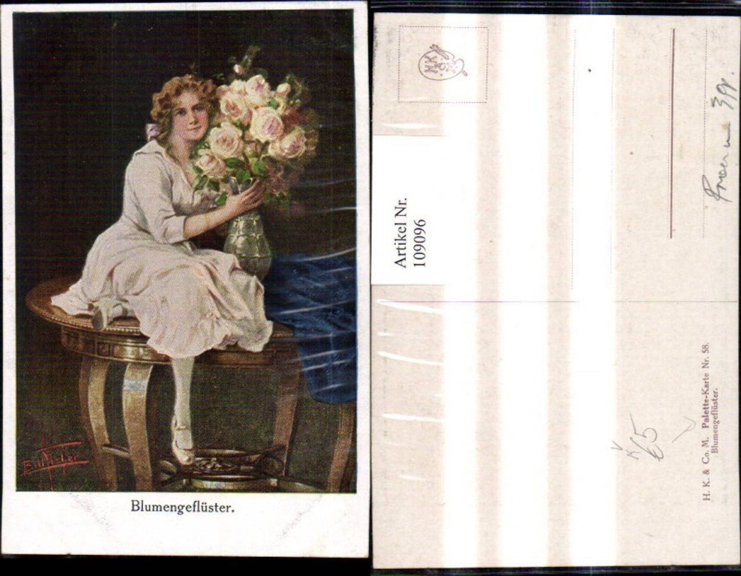 109096,Künstler Ak Bill Fisher Blumengeflüster Frau m. Vase Rosen pub Palette Karte 58