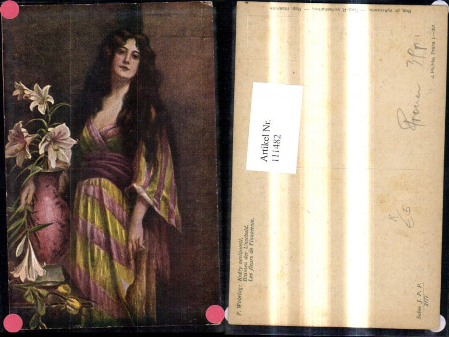 111482,Künstler Ak F. Wobring Blumen d. Unschuld Frau Mignon