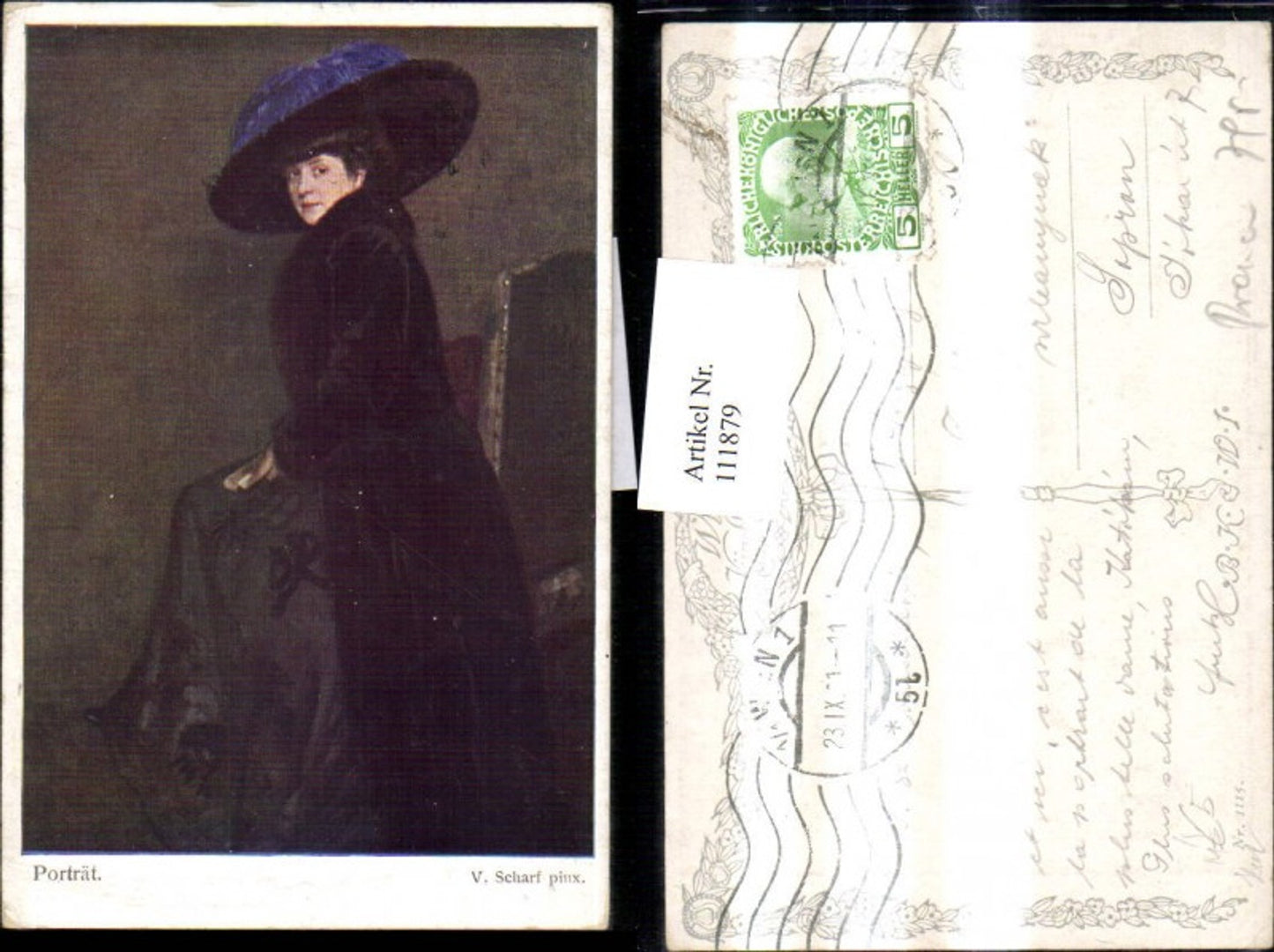 111879,Künstler Ak V. Scharf Portrait Frau m. Hut