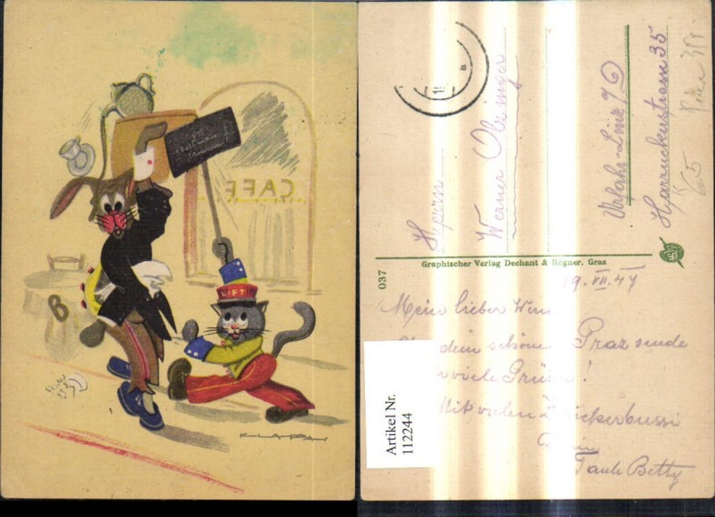112244,Künstler Ak Klapa Scherz Humor Hase a. Kellner Maus a. Liftboy