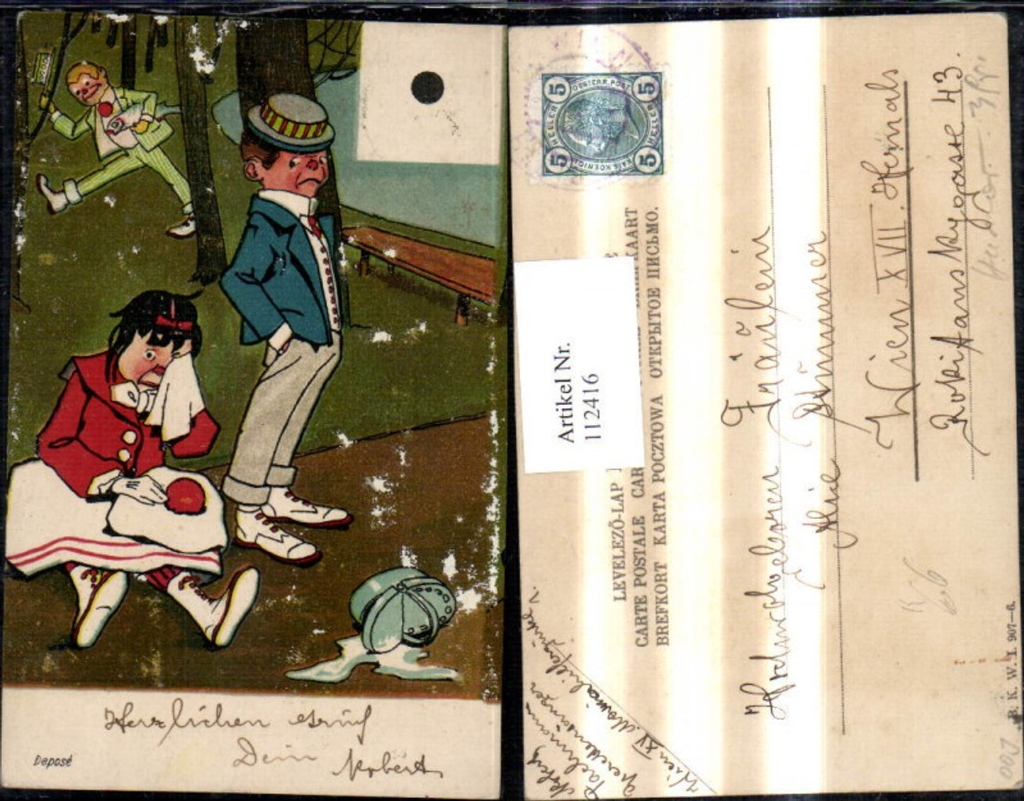 112416,Künstler Ak Scherz Humor Frau weint Korb liegt a. Boden