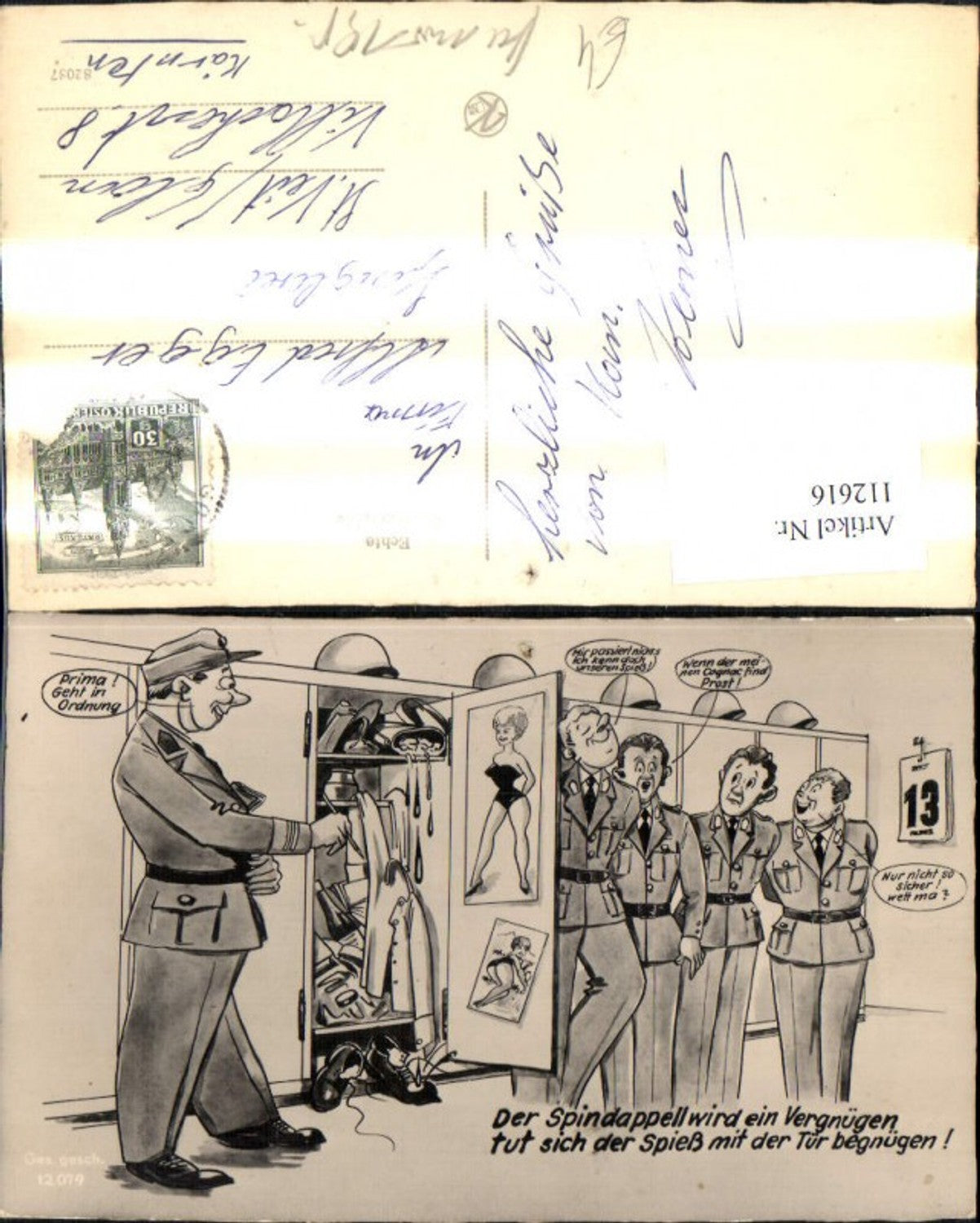 112616,Künstler Ak Scherz Humor Soldaten Spind Plakat Sexy Frau Spruch Text