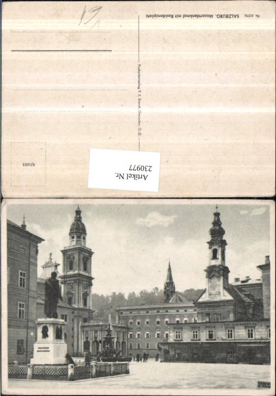 230977, Salzburg Mozart Monument with Residence Square Tower Fountain pub FE Brandt