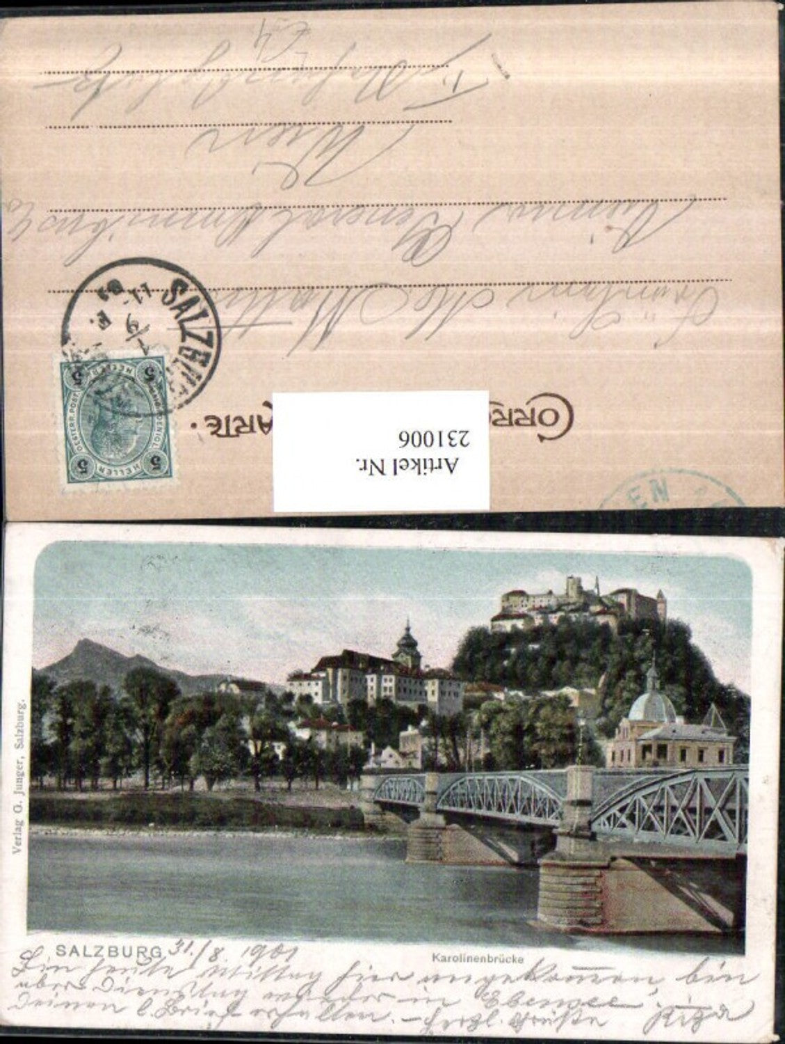 231006,Litho AK Salzburg Karolinenbrücke Brücke m. Festung