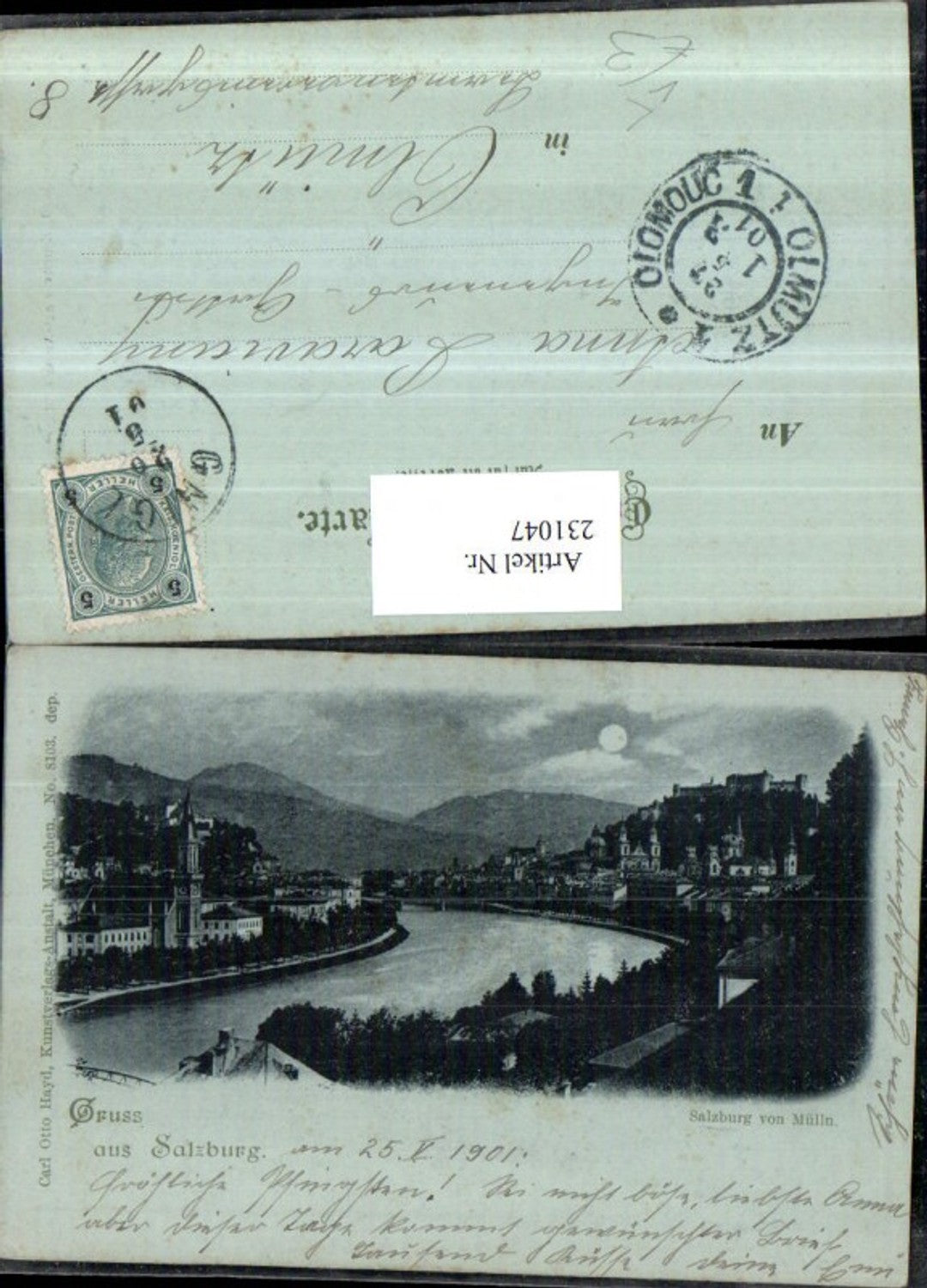 231047,Mond Litho AK Gruß aus Salzburg Teilnsicht v. Mülln pub Otto Hayd 8103