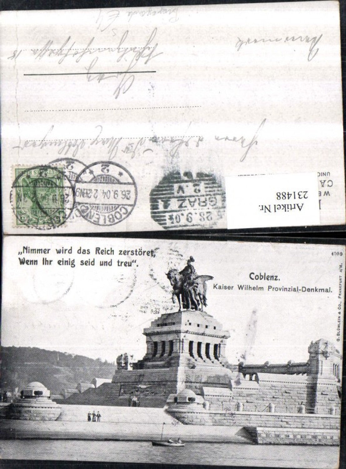 231488,Koblenz Kaiser Wilhelm Provinzial-Denkmal Text Propaganda Nimmer wird das Reich zerstört