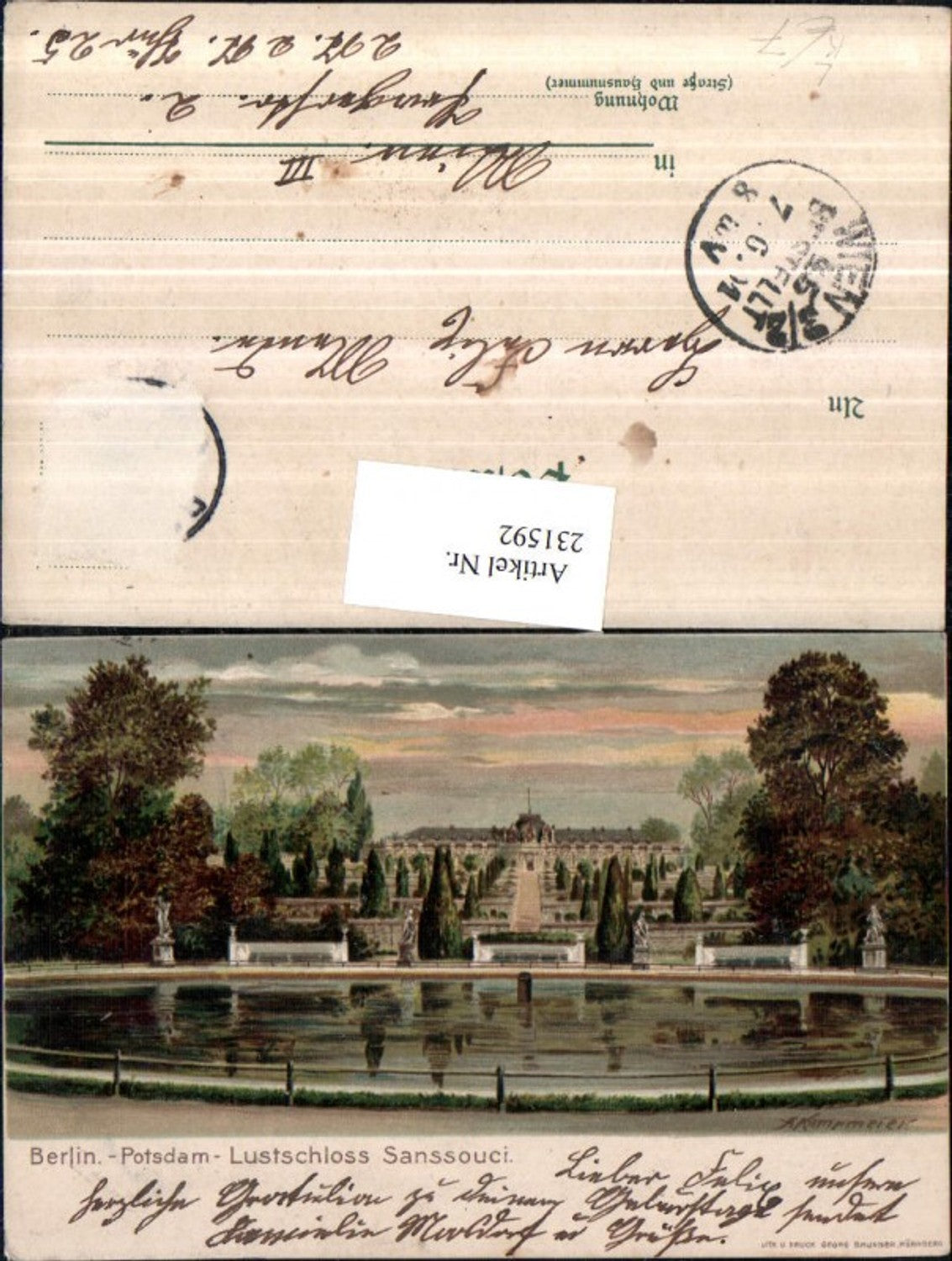 231592, Artist Lithograph AK A. Kampmeier Potsdam Pleasure Palace Sanssouci