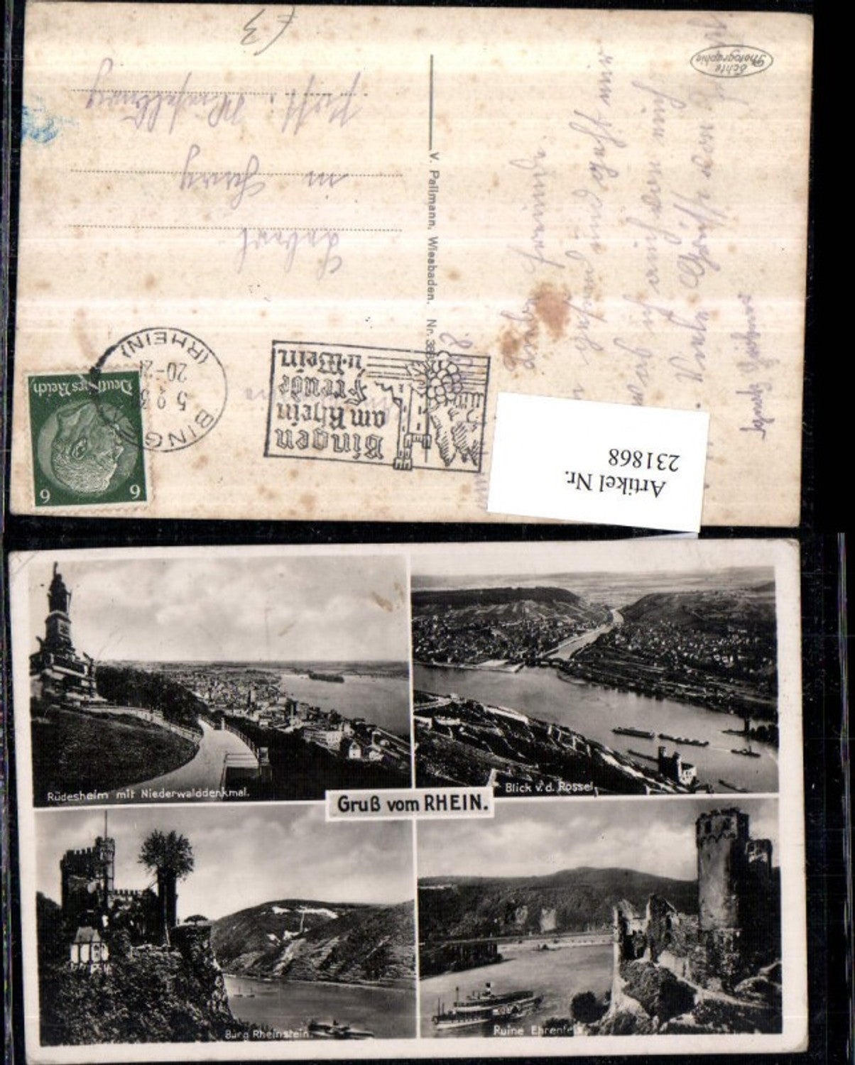 231868,Gruß v. Rhein Rüdesheim m. Niederwalddenkmal Totale Ruine Ehrenfels Burg Rheinstein Mehrbildkarte