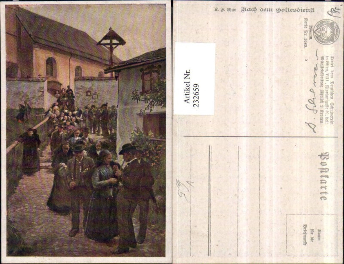 232659,Deutscher Schulverein 1080 Nach dem Gottesdienst Kirche Kreuz Personen
