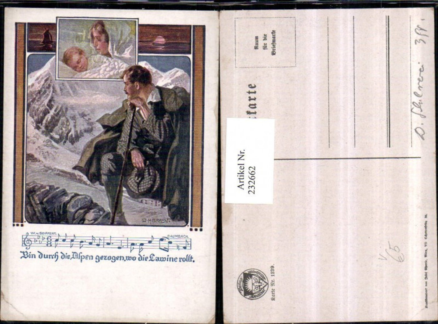 232662, German School Association 1239 Artist WH Braun Man with hat Stick Mountains Woman with child Song