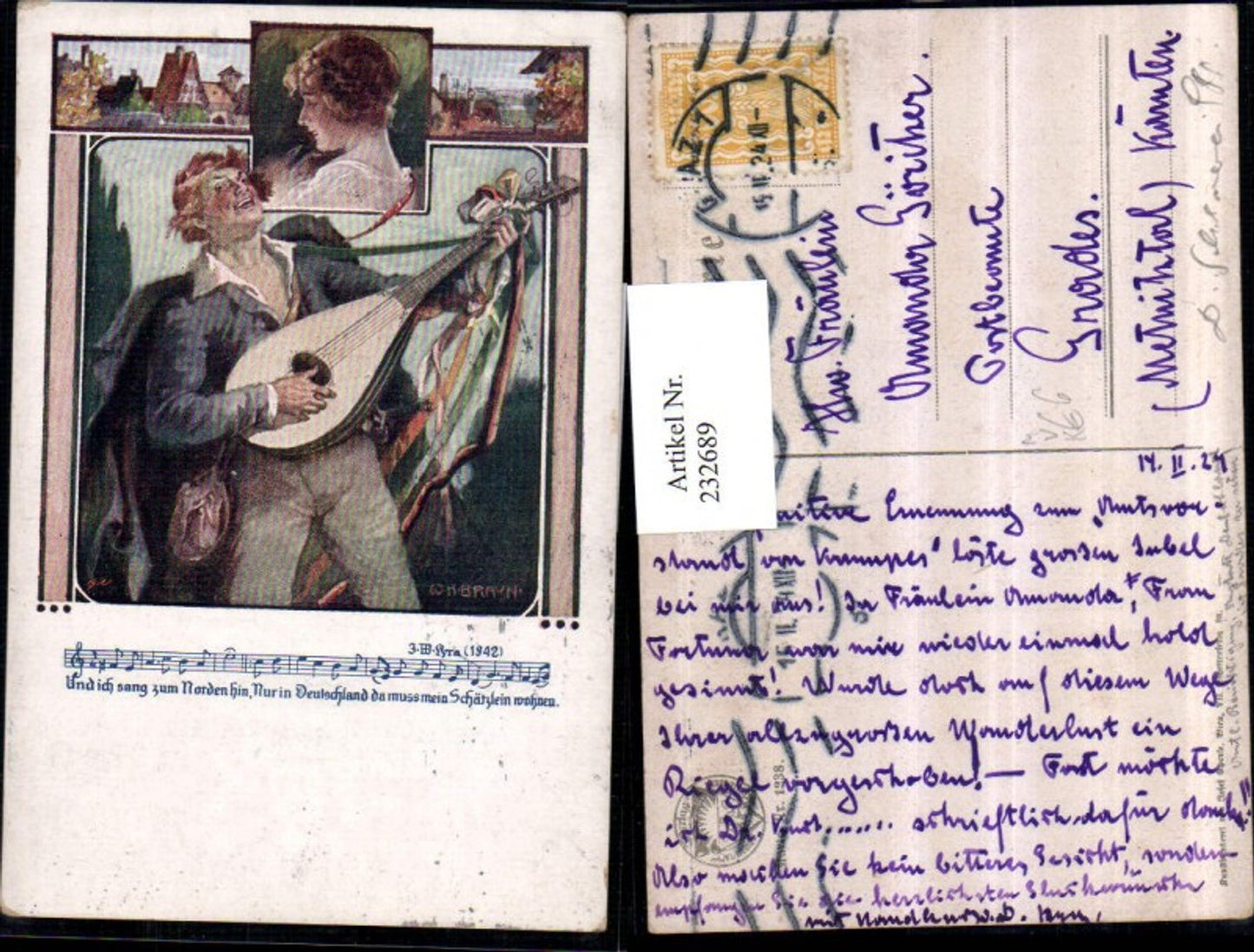 232689,Deutscher Schulverein 1238 Künstler W. H. Braun Mann m. Mandoline Frau Portrait Lied