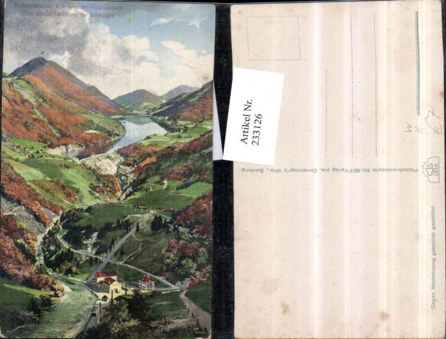 233126, Artist AK F. Kulstrunk, Water Power Plant, Total View of the City of Salzburg in the Wiestale