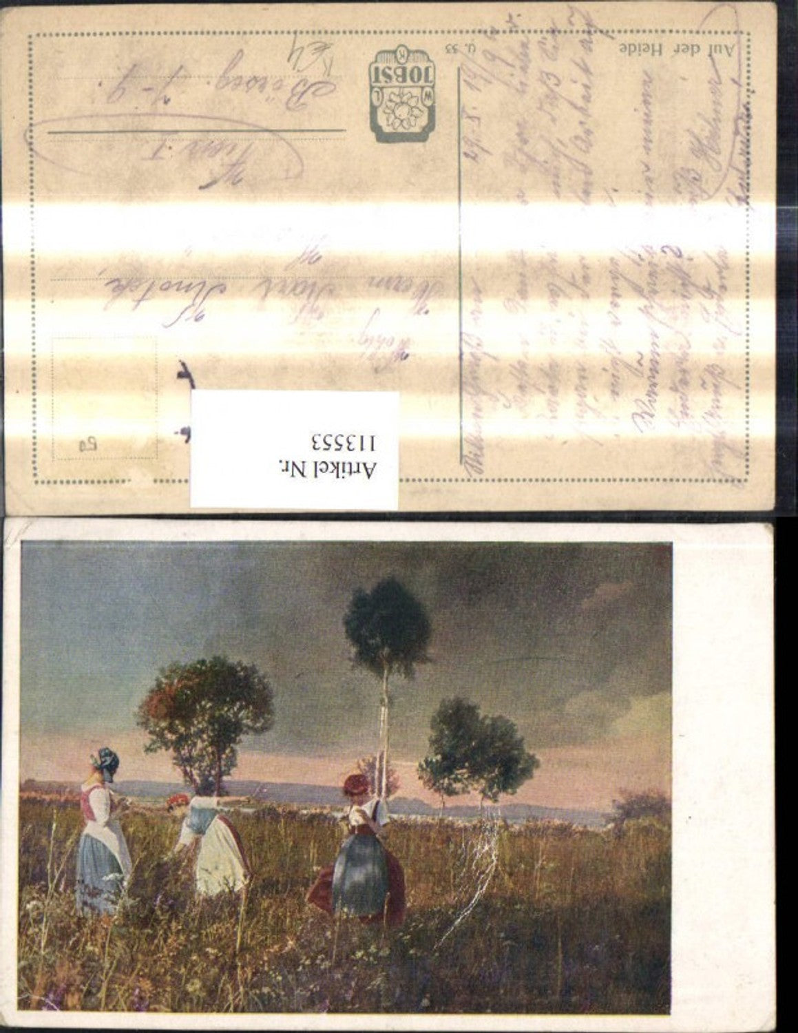 113553,Künstler Ak Auf d. Heide Frauen a. Feld Wiese
