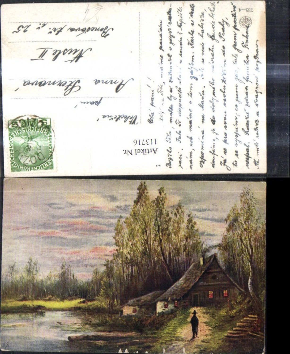 113716,Künstler Ak Haus a. See Landschaft m. Mann