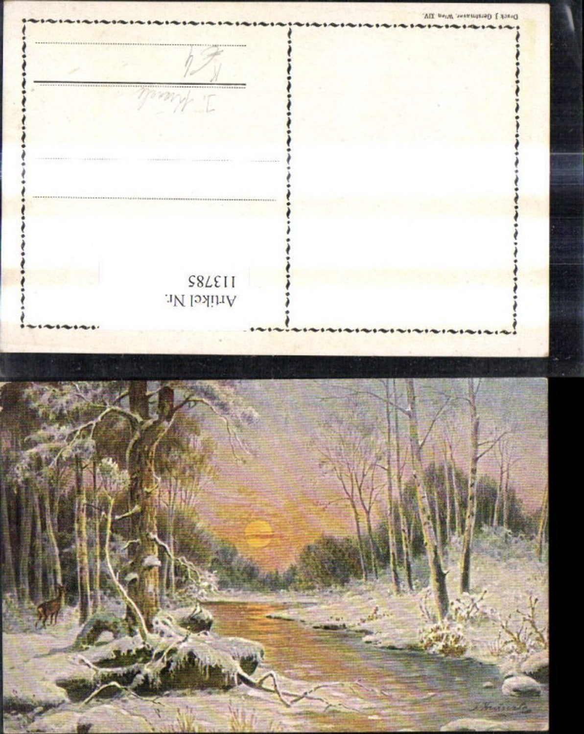 113785,Künstler Ak J. Kränzle Winterlandschaft Fluss Wald m. Sonne