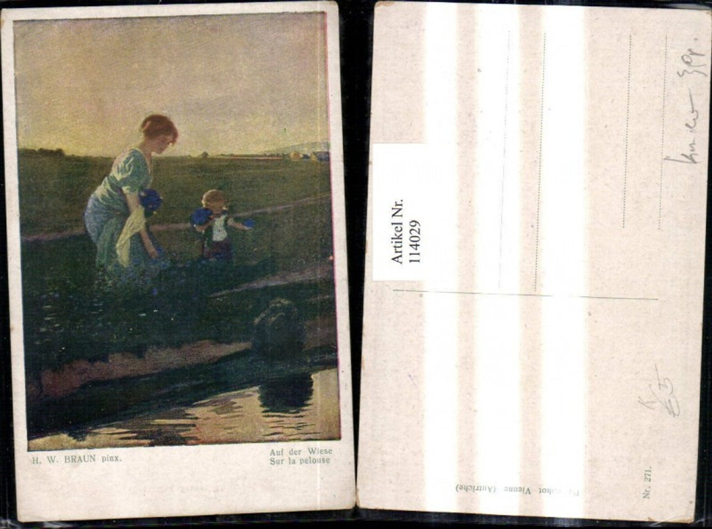 114029, Artist Ak HW Braun On the Meadow Woman Child Flowers