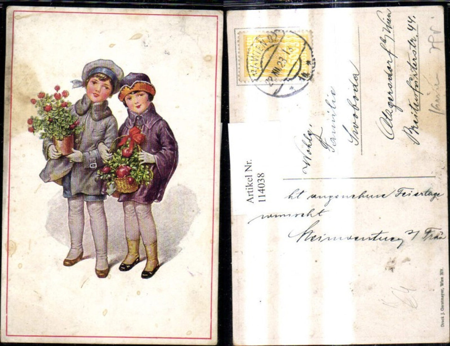 114038,Künstler Ak Kinder Mädchen m. Rosentopf Korb m. Blumen Rosen