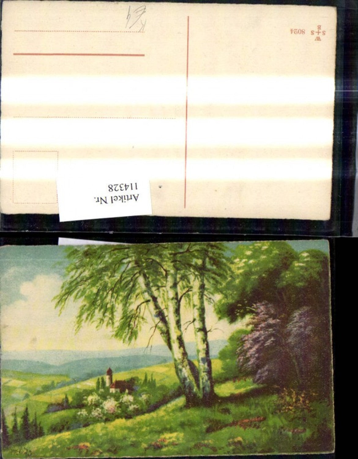 114328,Künstler Ak Kirche Birke Baum Landschaft