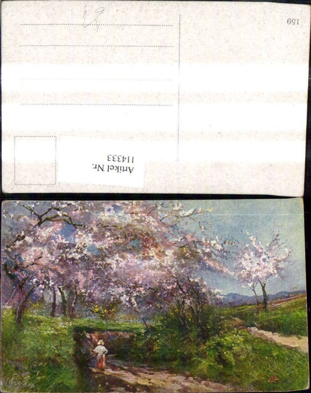 114333,Künstler Ak Frau a. Weg Baumblüte Landschaft