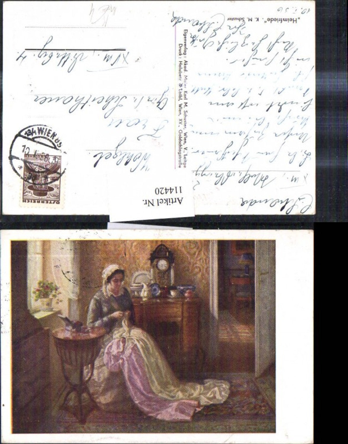 114420,Künstler Ak K. M. Schuster Heimfriede Frau b. Nähen