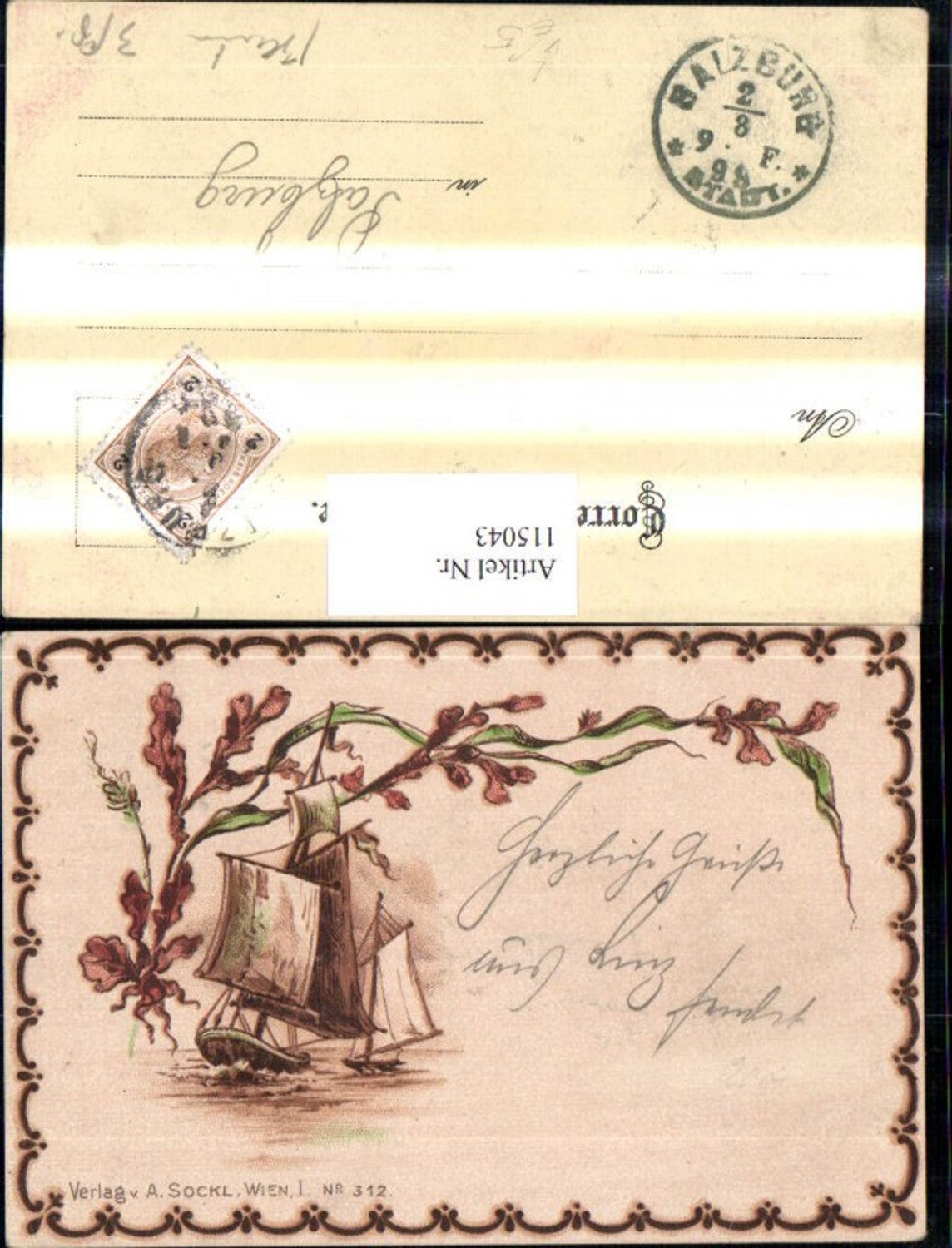 115043,Künstler Litho Segelschiff Schiff Blumen Blüte Ornament pub A. Sockl 312