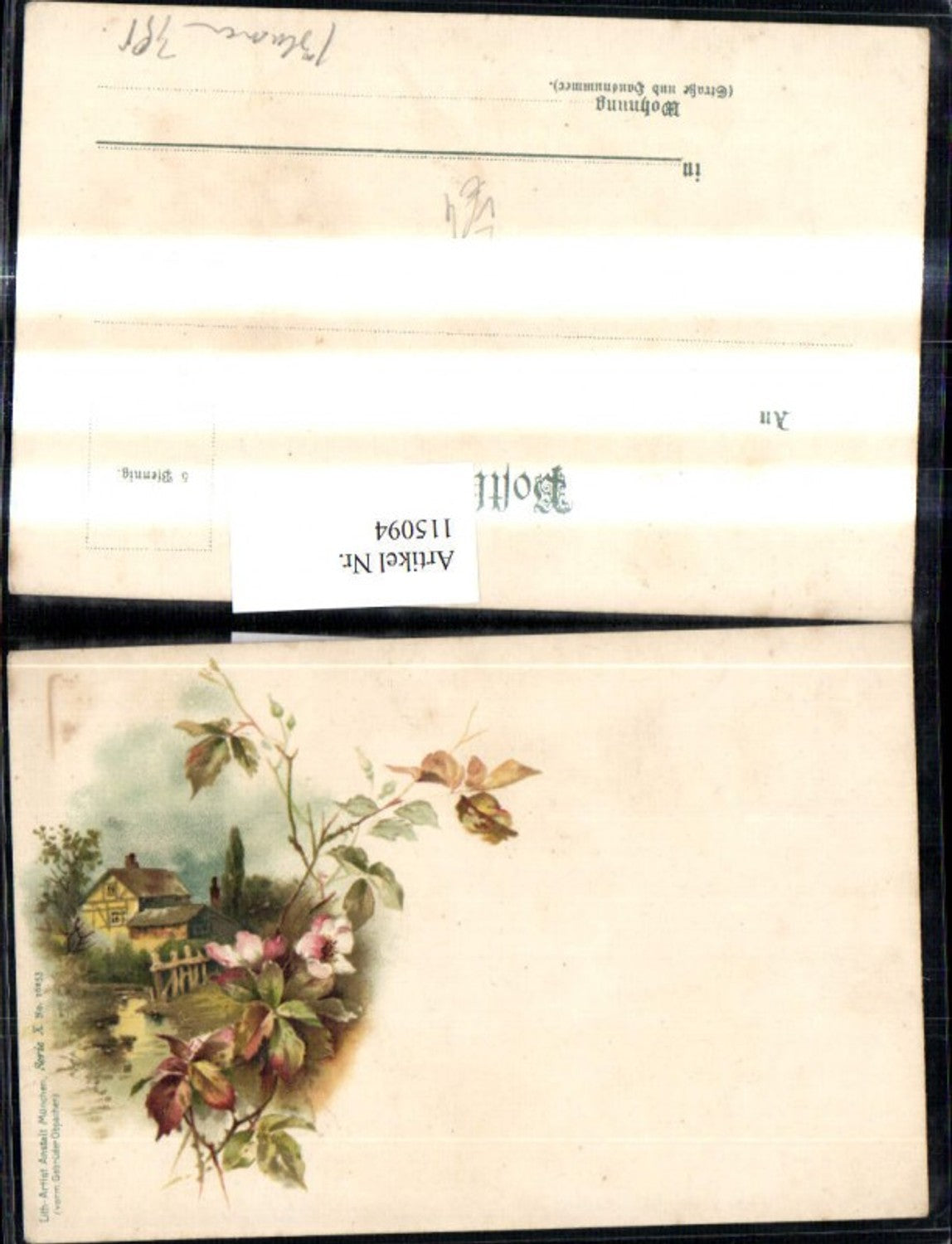 115094,Künstler Litho Haus a. Fluss Rosenzweig Rosen Blumen pub Obpacher X/16253