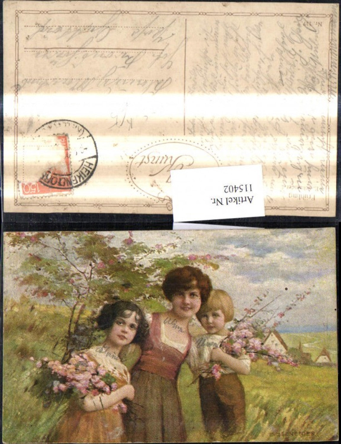 115402, Artist Ak E. Schneider, Spring, Children with Flowering Branches, Landscape
