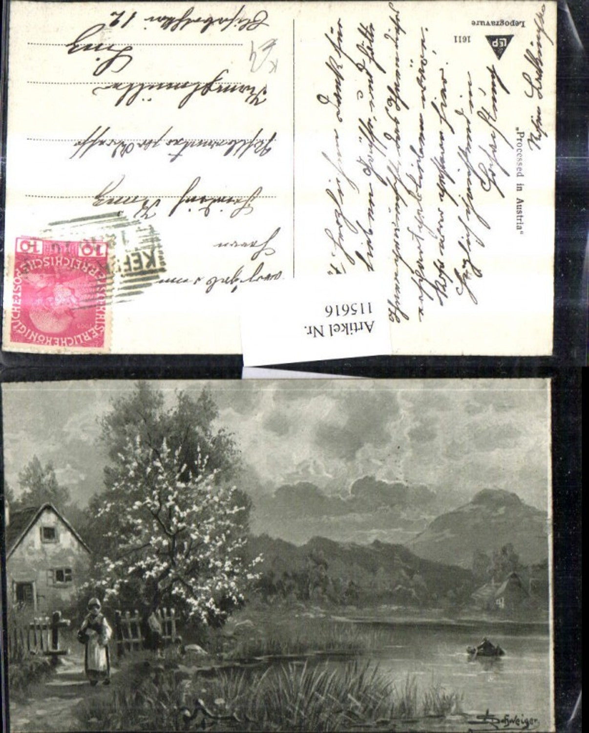 115616,Künstler Ak L. Schweiger Frau Haus See Landschaft Ruderboot Boot
