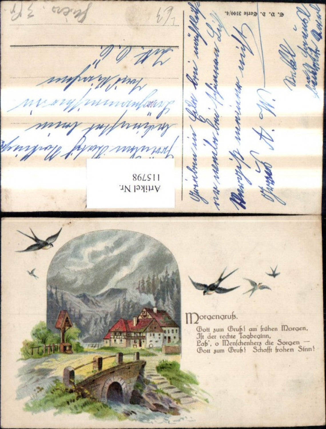115798,Künstler Litho Schwalben Haus Brücke Landschaft Morgengruß Spruch Text