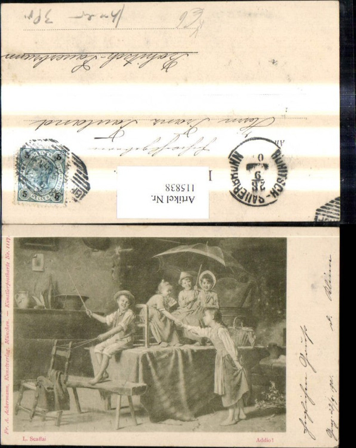 115838,Künstler Ak L. Scaffai Addio Kinder Spielen Tisch a. Kutsche Regenschirm pub Ackermann 1117