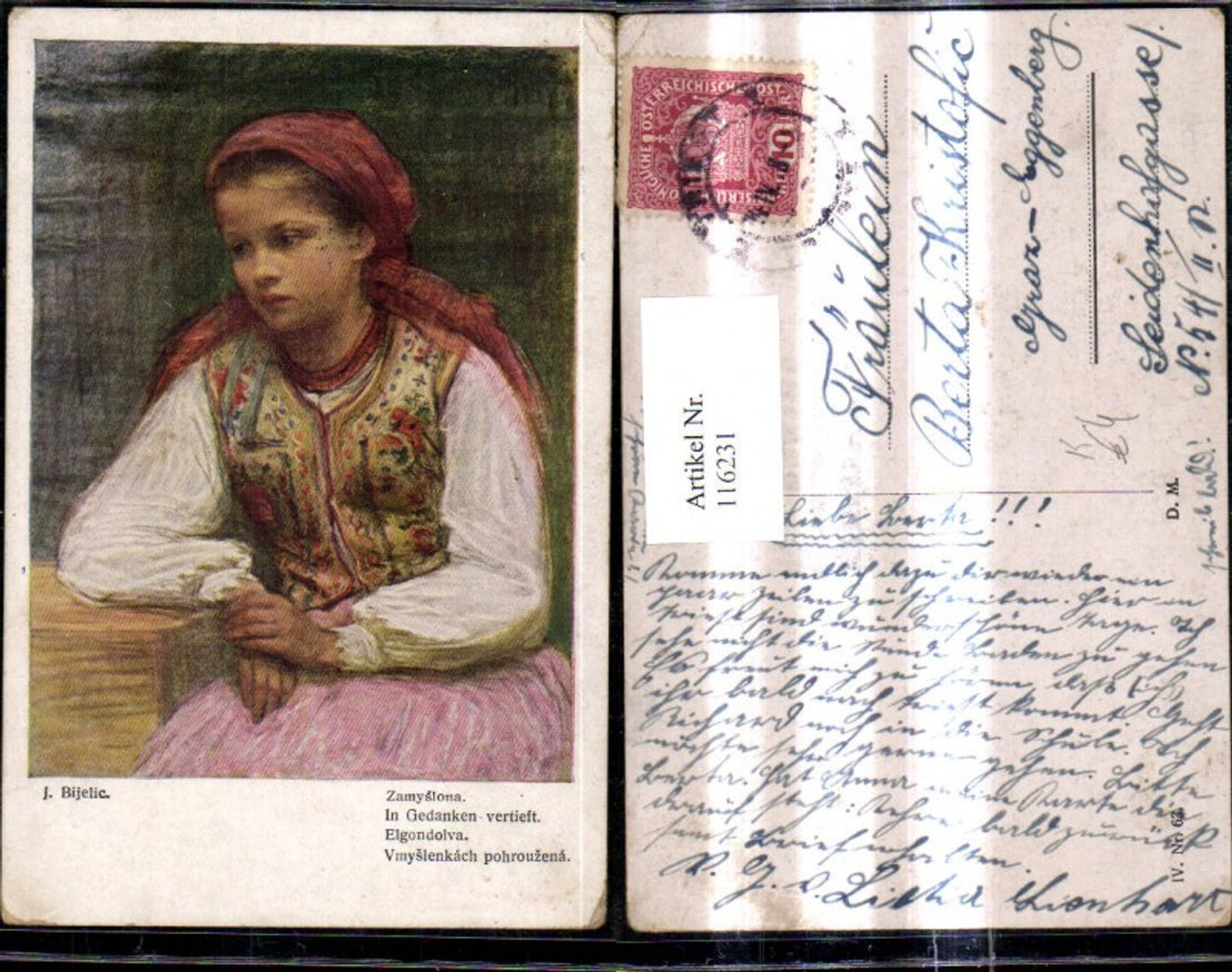 116231,Künstler Ak J. Bijelic In Gedanken vertieft Frau Tracht