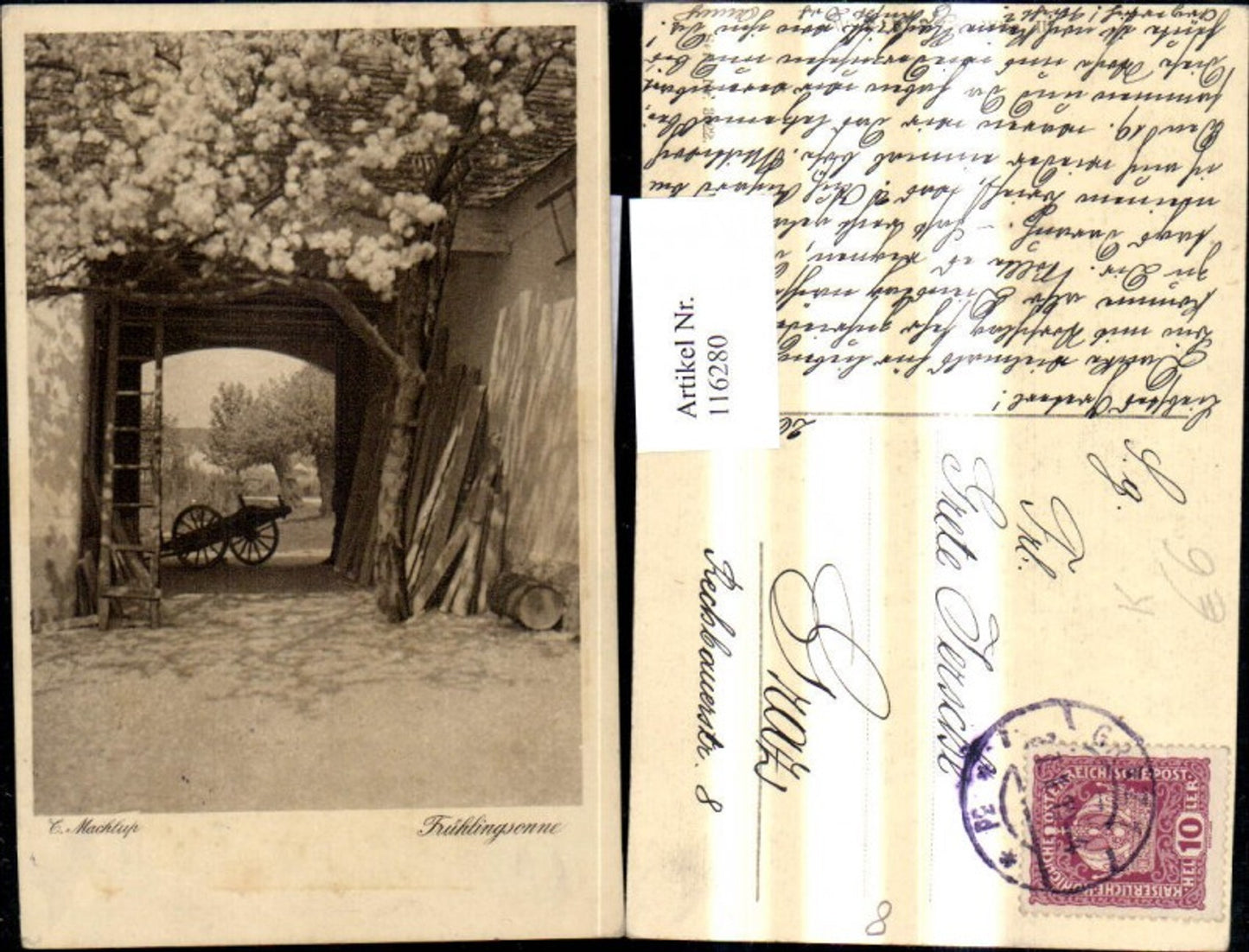 116280,Künstler Ak C. Machlup Frühlingssonne Hofeinfahrt Karren Baumblüte