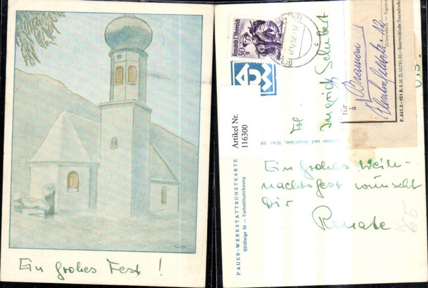 116300,Künstler Ak Farbstiftzeichnung Pauer Kirche i. Winter