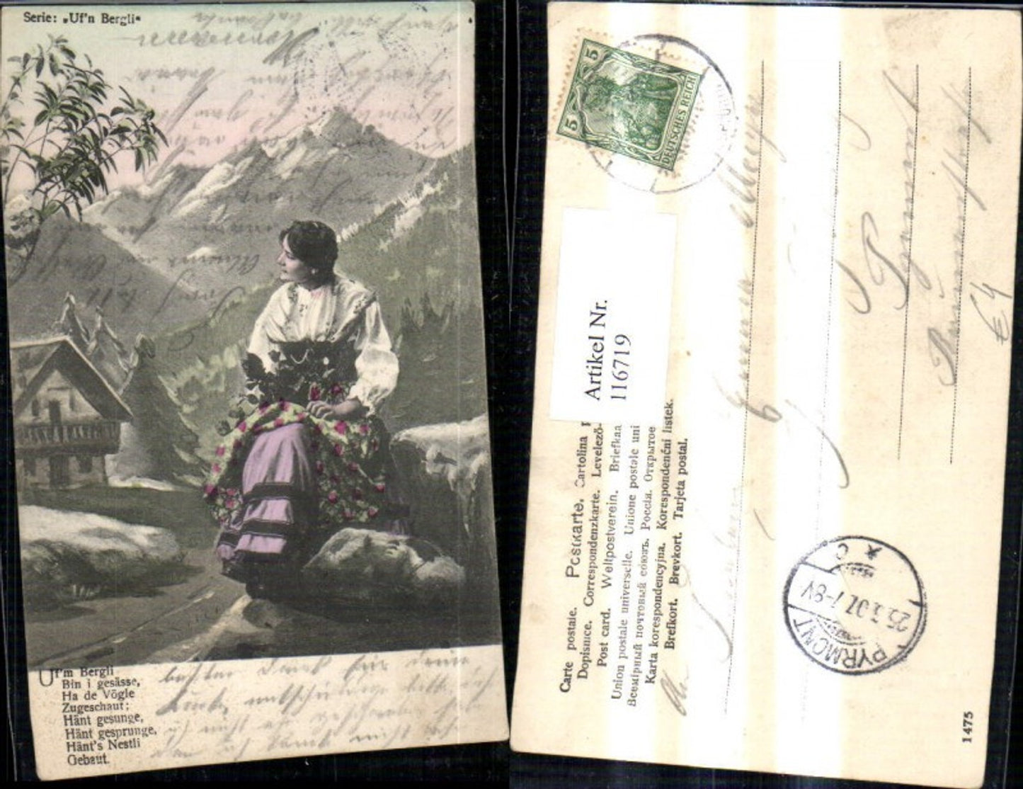 116719,Künstler Ak Ufn Bergli Frau Tracht v. Bergkulisse Spruch Text