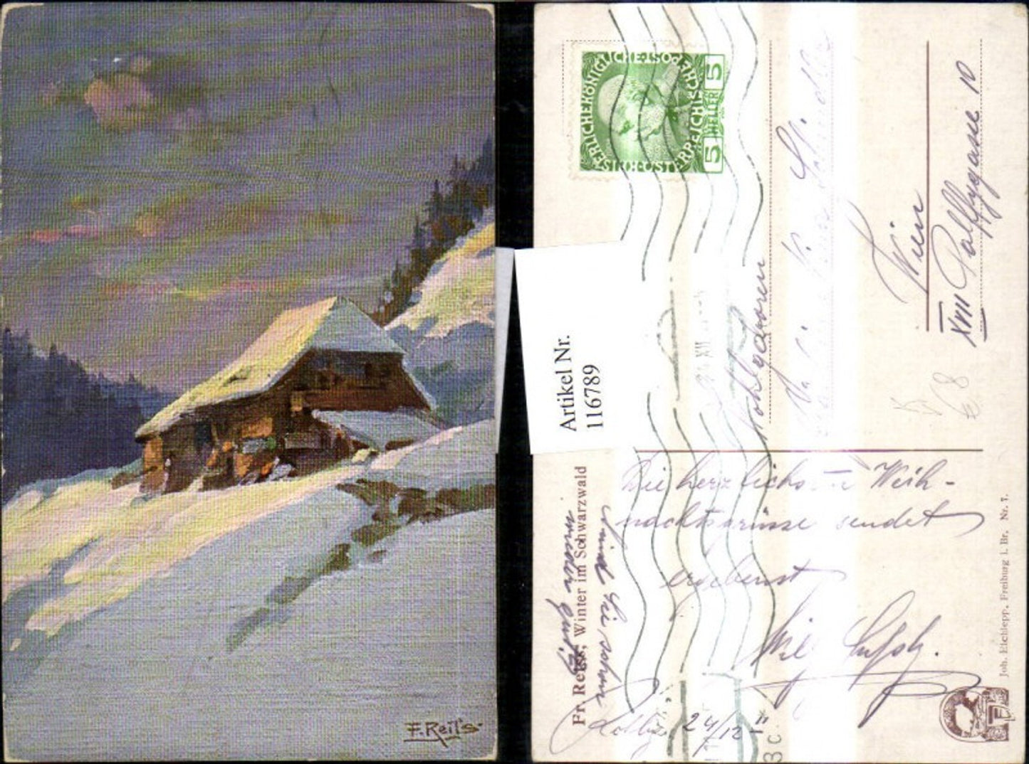 116789, Artist Ak Fr. Reiss Winter in the Black Forest Hut House in the Snow pub Joh. Elchlepp 7