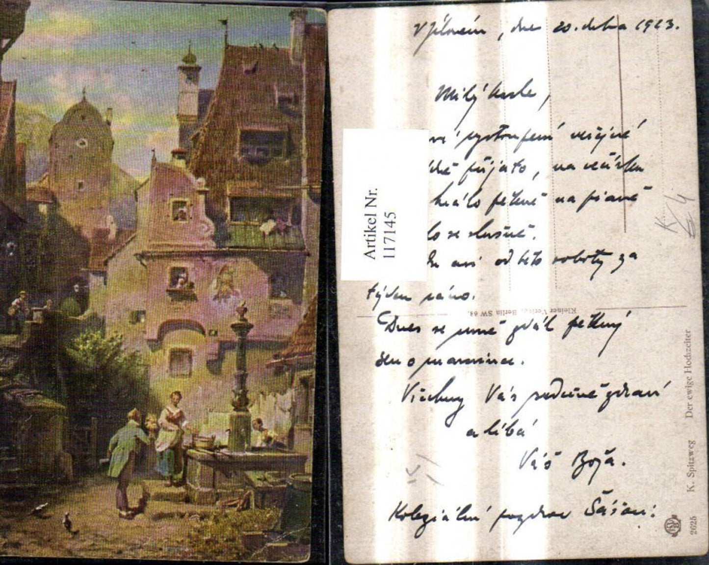 117145,Künstler Ak K. Spitzweg Der ewige Hochzeiter Mann m. Blumenstrauß Frau Brunnen