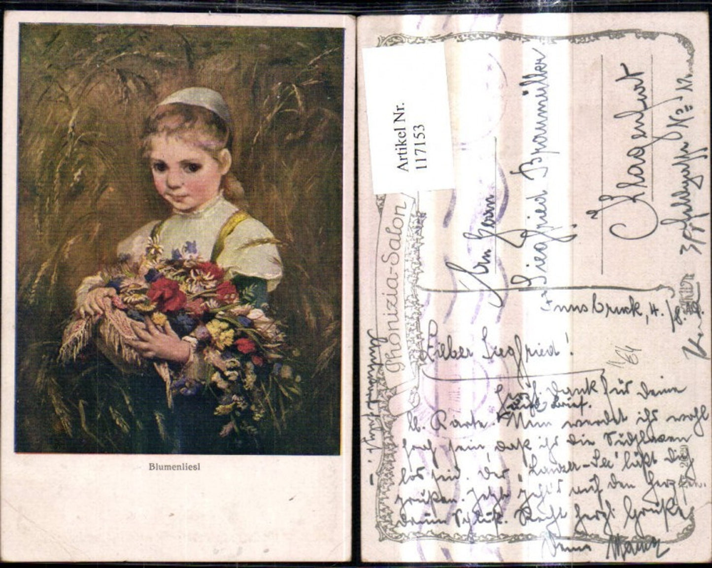 117153,Künstler Ak Blumenliesl Mädchen m. Blumenstrauß i. Getreidefeld