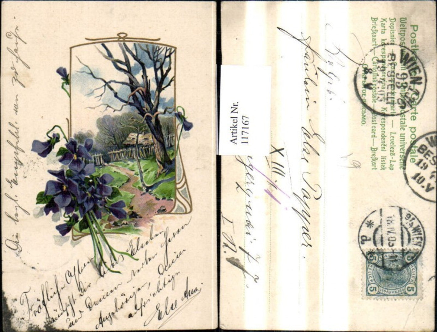 117167,Künstler Litho Weg Baum Haus Veilchen Blumen Passepartout